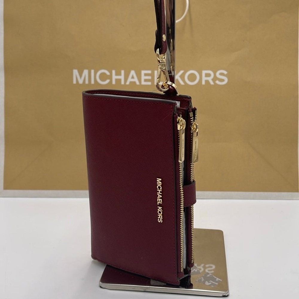Michael Kors Jet Set Travel LG Double Zip Wristlet Wallet Leather Dark Cherry - Picture 12 of 16